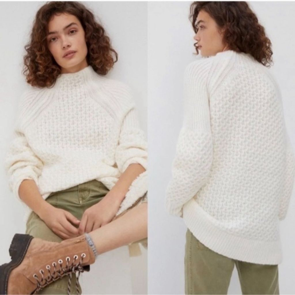 ANTHROPOLOGIE Bia Ivory Mock Neck Waffle Knit Tunic Sweater With Alpaca M 207